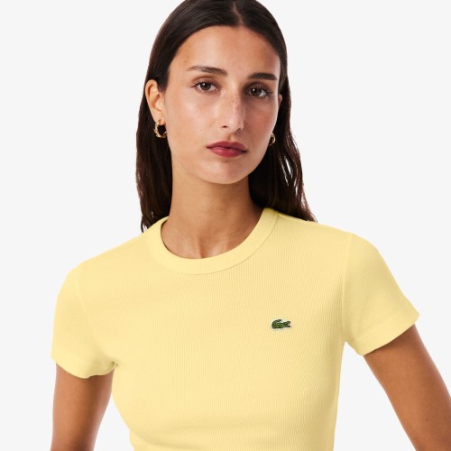 prazkowana-koszulka-damska-lacoste-yellow-okragly-dekolt