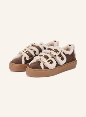 buty-damskie-inuikii-shearling-low-velcro-buckle-dark-brown-widok-z-przodu
